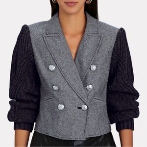 Veronica Beard Gray Double-Breasted Blazer with Black Cable Knit Sleeves NWT